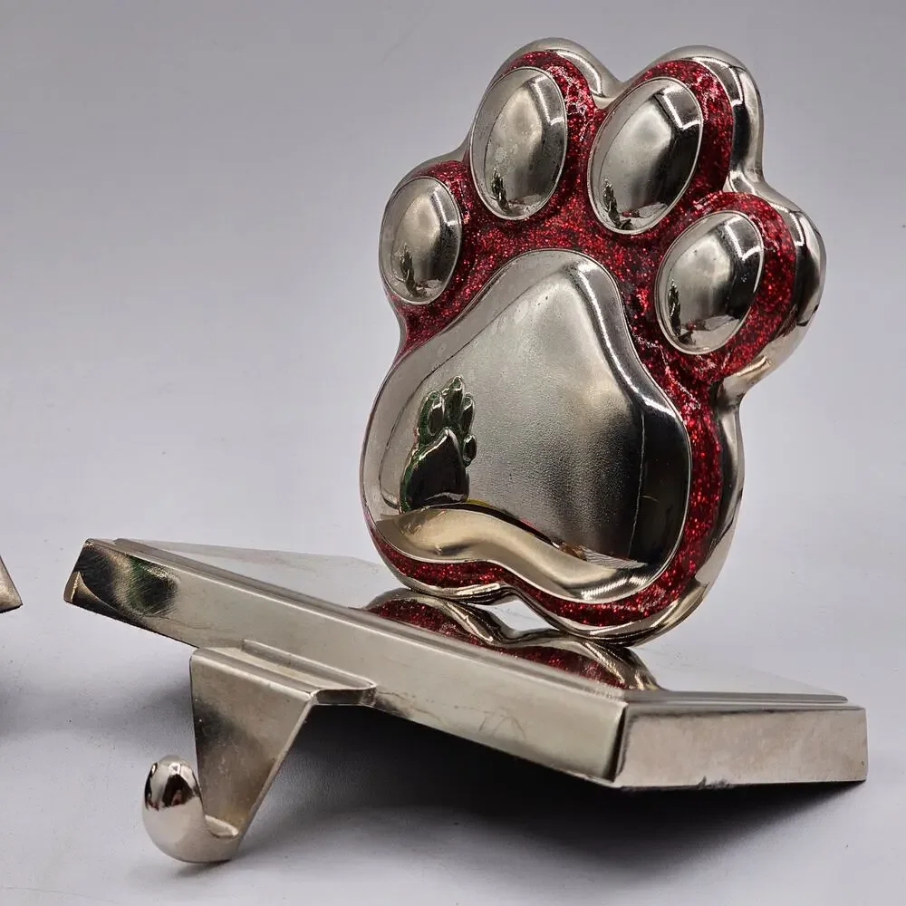Set of 2 Silver Metal Paw Print Stocking Holder Sparkly Red and Green Christmas